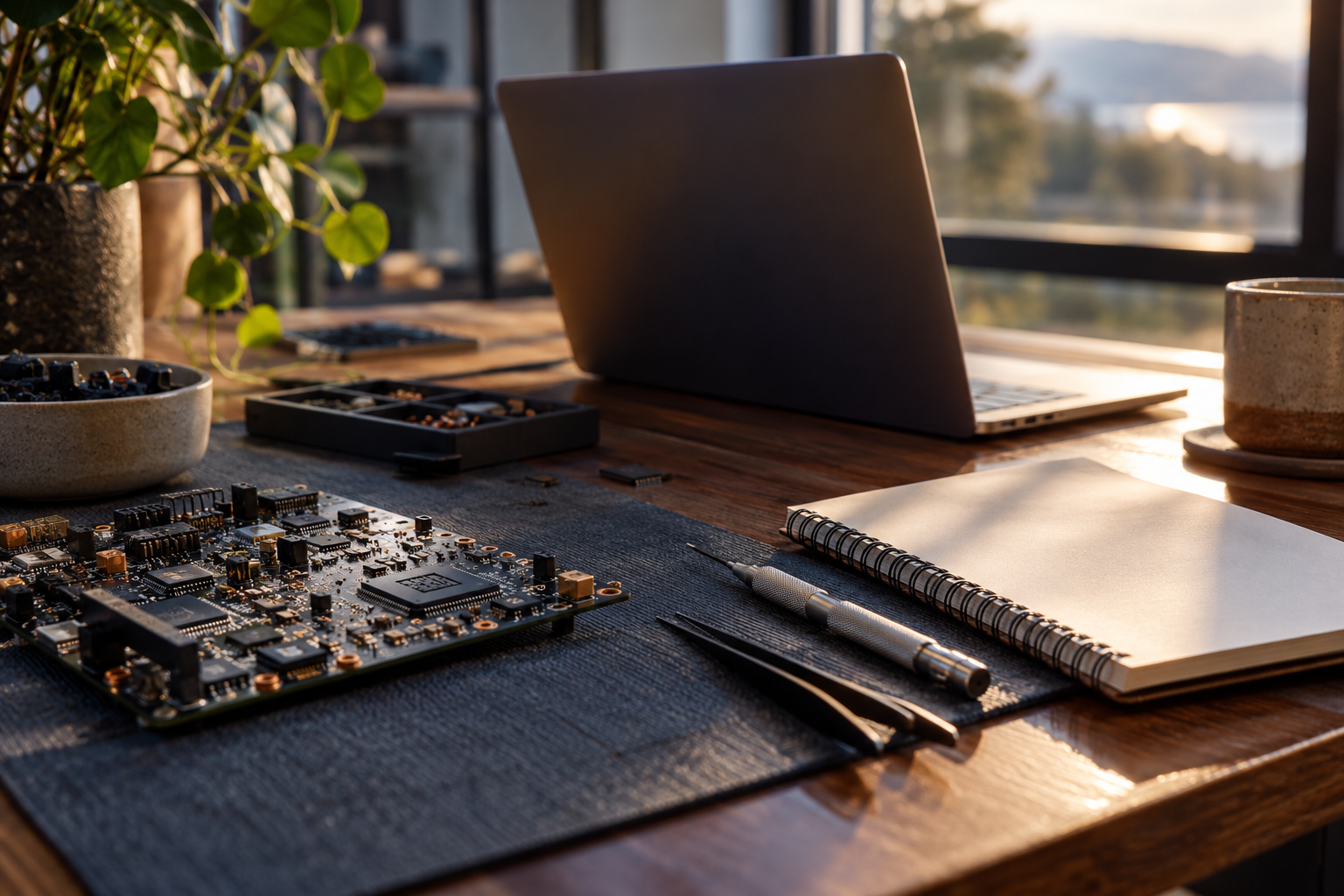 Illustrative technology workbench with electronics and notebook