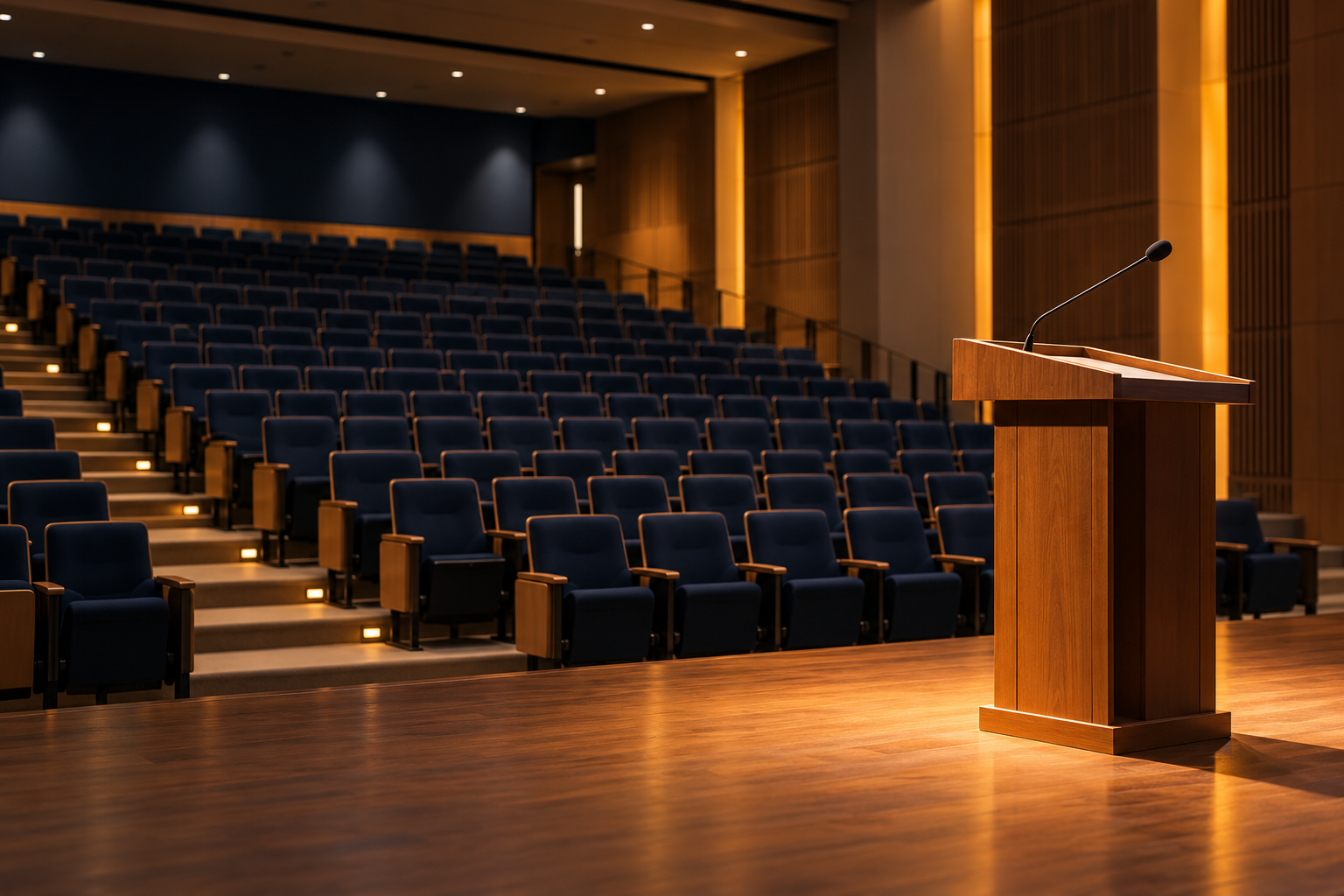 Illustrative empty lecture hall and lectern before a talk